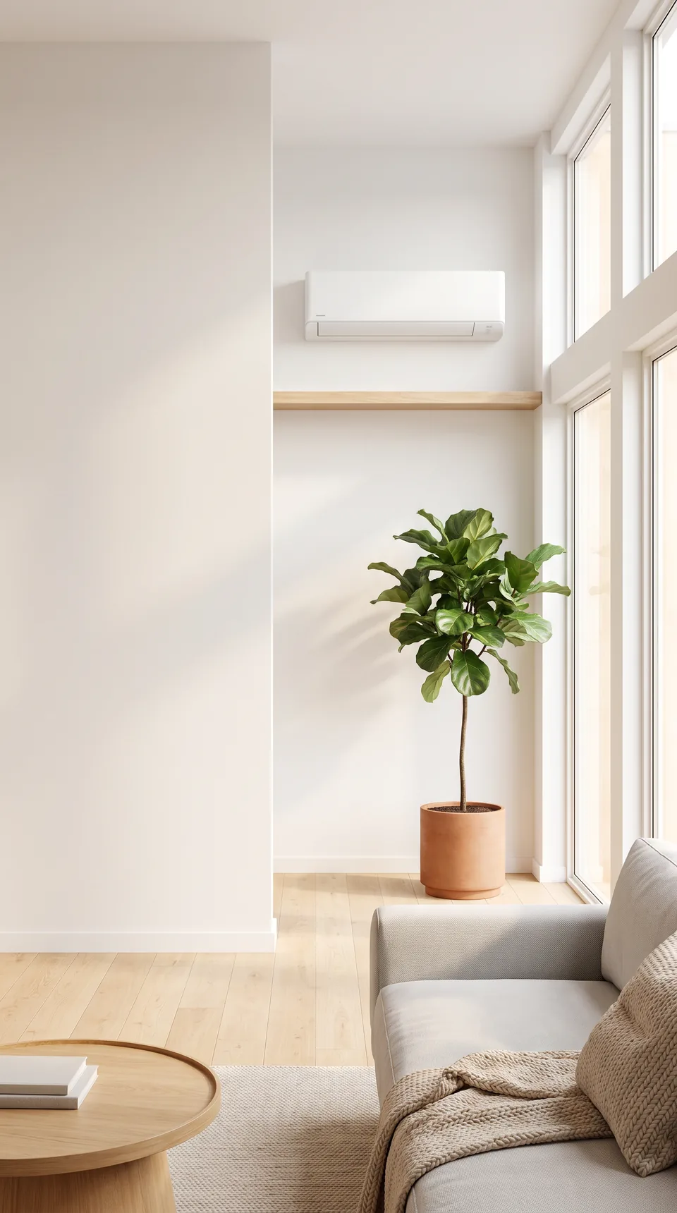 Strak geïnstalleerde airco-unit in een lichte, moderne woonkamer