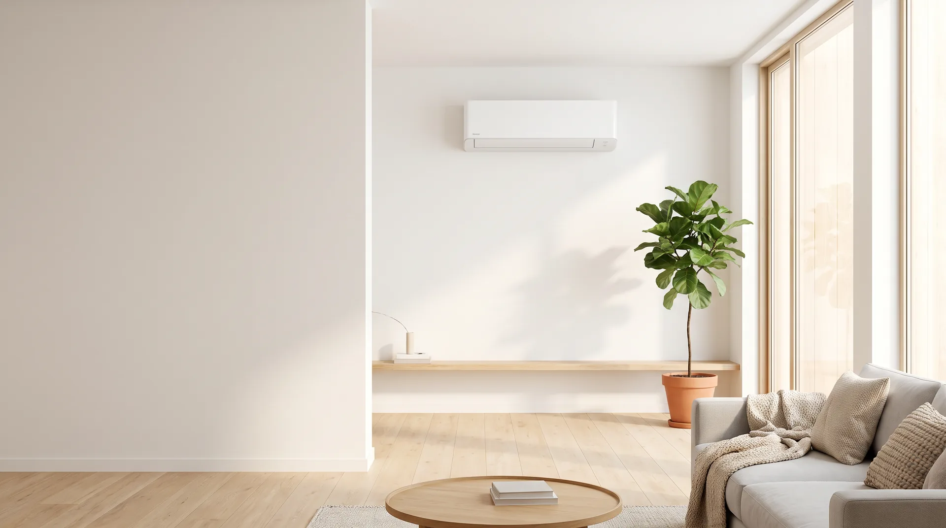 Strak geïnstalleerde airco-unit in een lichte, moderne woonkamer