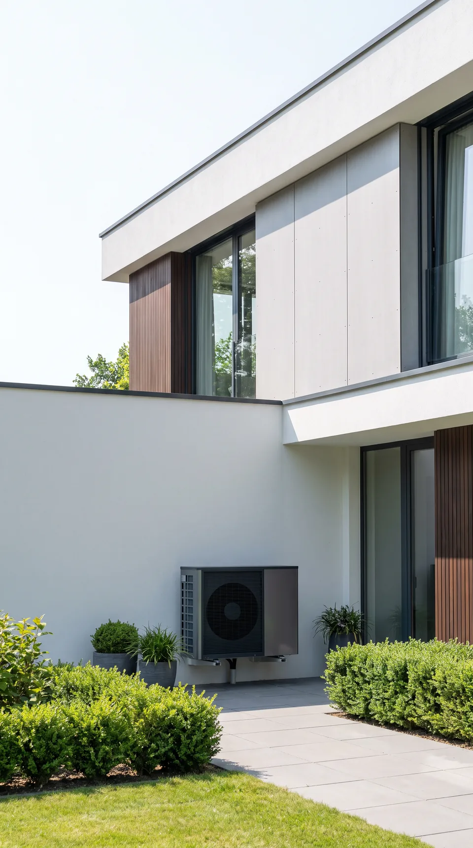 Warmtepomp-buitenunit netjes geïnstalleerd naast een moderne woning